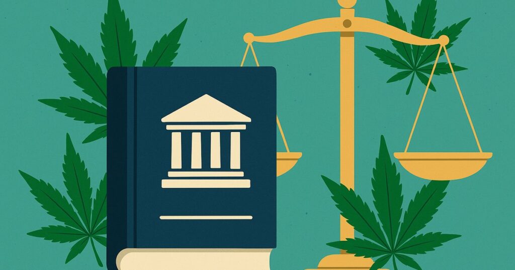 Illustration of scales, law book and cannabis leaves representing Variscite New York cannabis ruling