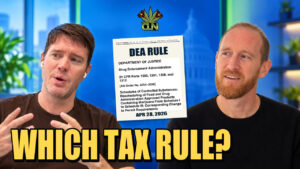Thomas Howard and Justin Botillier beside the CLN logo and a DEA rule document, with the words WHICH TAX RULE?